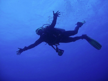 Diver at High Rock Mergui Archipelago Myanmar Burma no troubles just bubbles